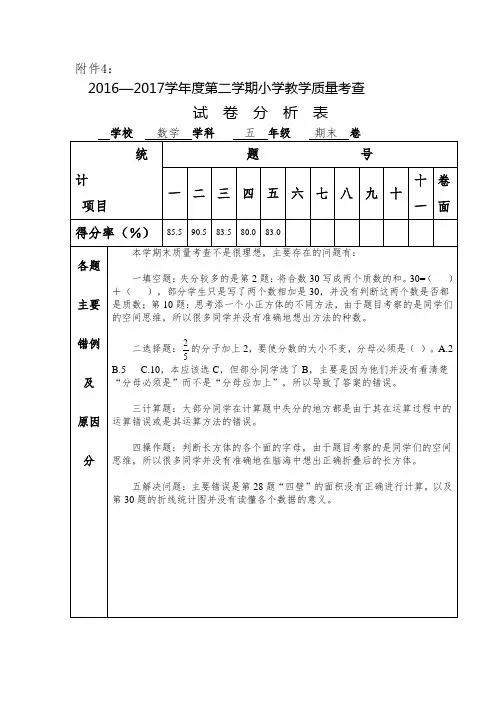 五年级数学试卷分析表