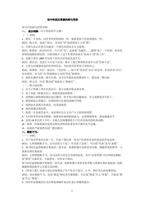 初中生常用病句类型及举例