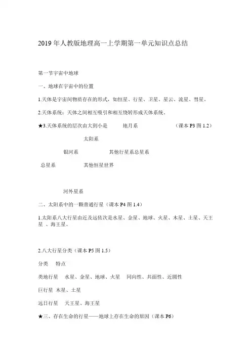 2019年人教版地理高一上学期第一单元知识点总结