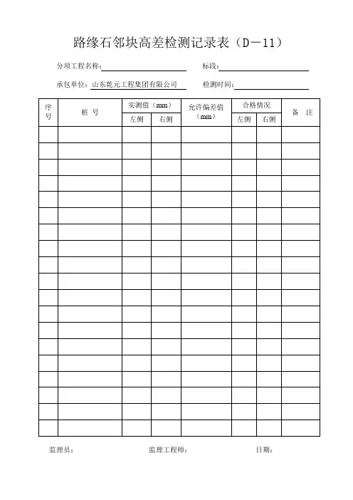 路缘石邻块高差检测记录表