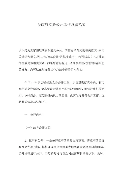乡政府党务公开工作总结范文