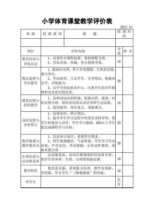 小学体育课堂教学评价标准定稿