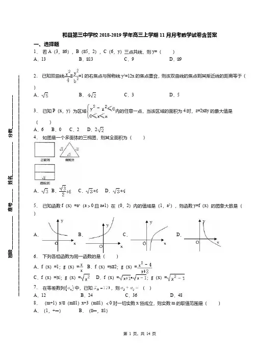 和县第三中学校2018-2019学年高三上学期11月月考数学试卷含答案
