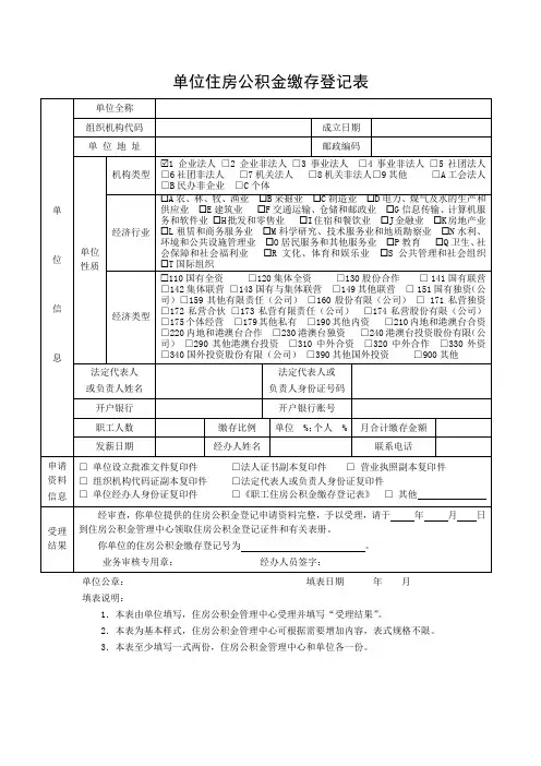 《单位住房公积金缴存登记表》