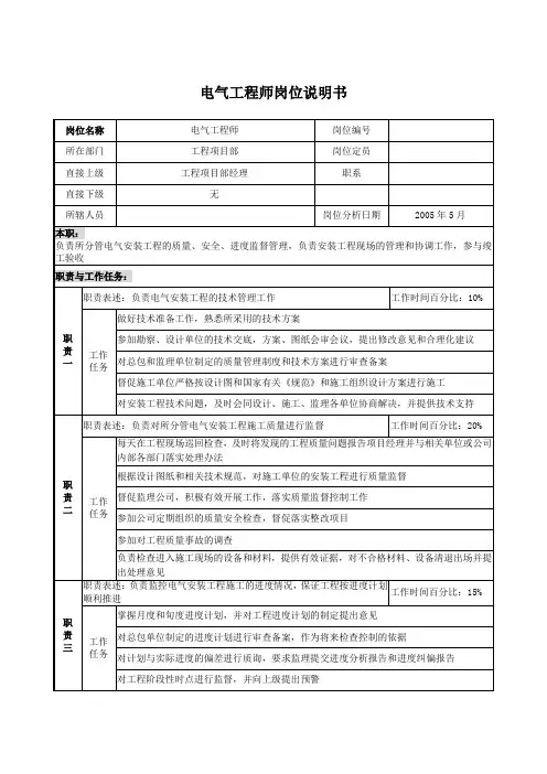 电气工程师岗位说明书