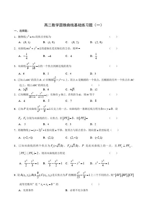 高二数学圆锥曲线基础练习题(一)