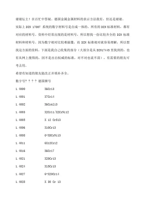 DIN数字材料对照