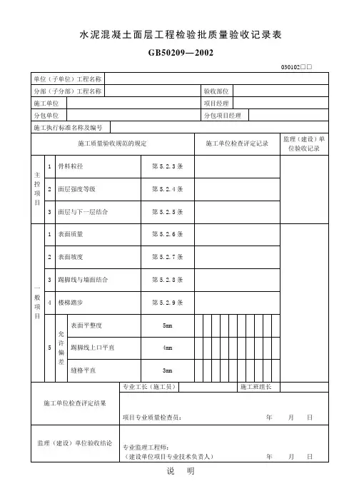 水泥混凝土面层工程检验批质量验收记录表