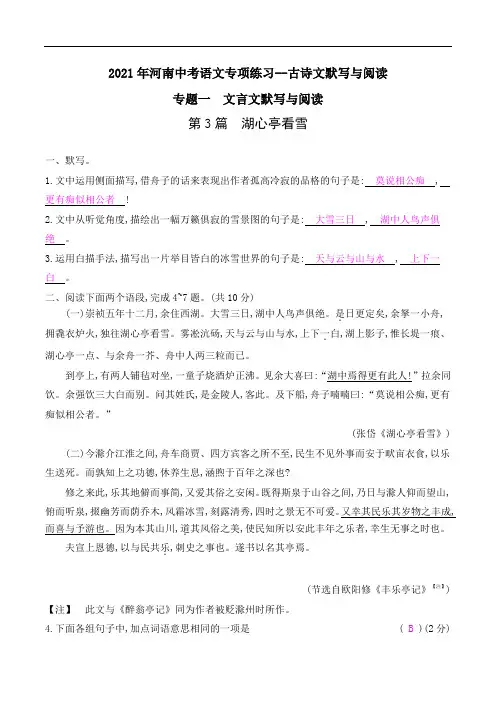 2021年河南中考语文专项练习--古诗文默写与阅读  第3篇 湖心亭看雪