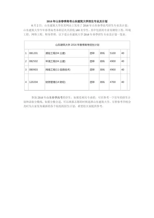 2016年山东春季高考山东建筑大学招生专业及计划