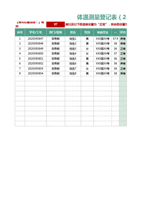 【疫情表格模板】体温测量登记表(自动判断异常)