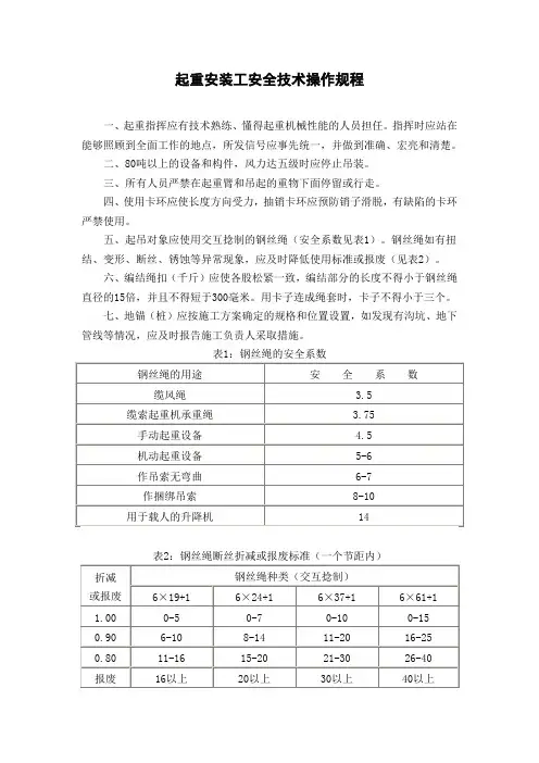 起重安装工安全技术操作规程