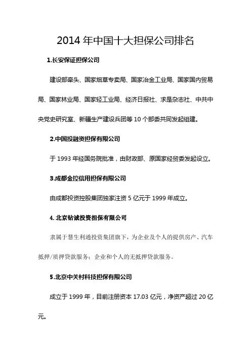 2014年中国十大担保公司排名