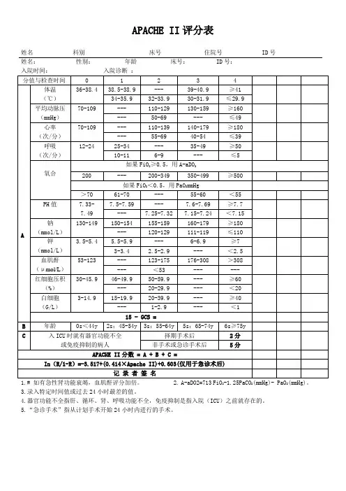 APACHEII评分表