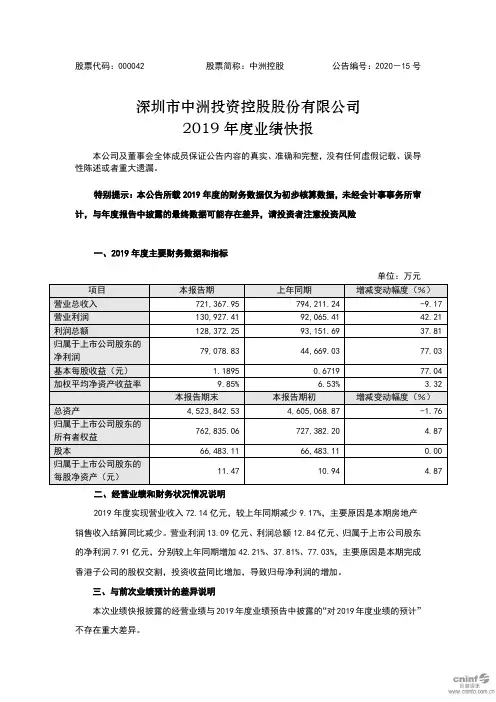 中洲控股：2019年度业绩快报