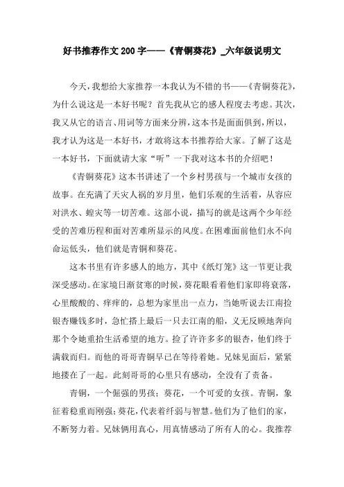 好书推荐作文200字——《青铜葵花》_六年级说明文