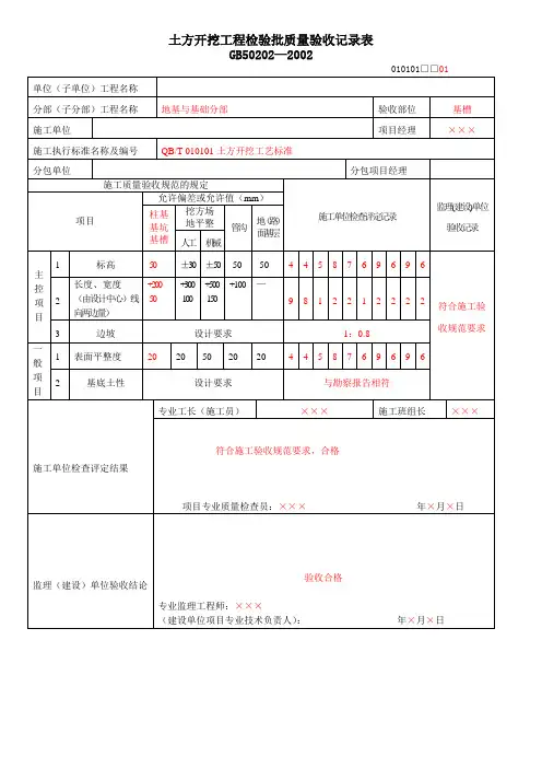 施工单位检验批表格填写范本