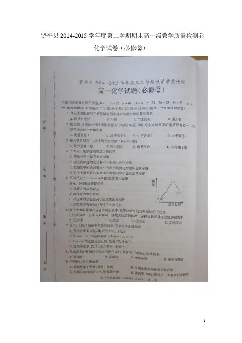 潮州市饶平县2014-2015学年度第二学期期末高一级教学质量检测卷化学试卷(扫描版含答案)