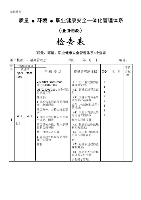 质量、环境、职业健康安全一体化管理体系内部审核检查表格模板