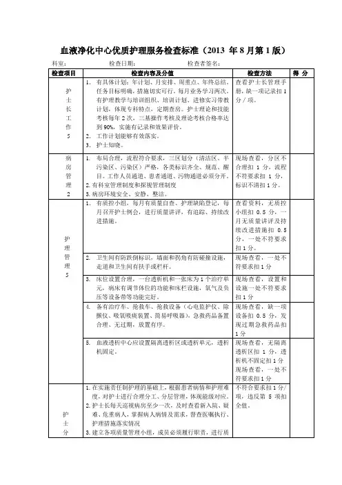 血液净化中心优质护理服务检查标准
