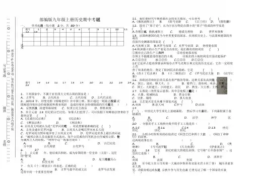 2020部编版九年级上册历史期中考试题及答案