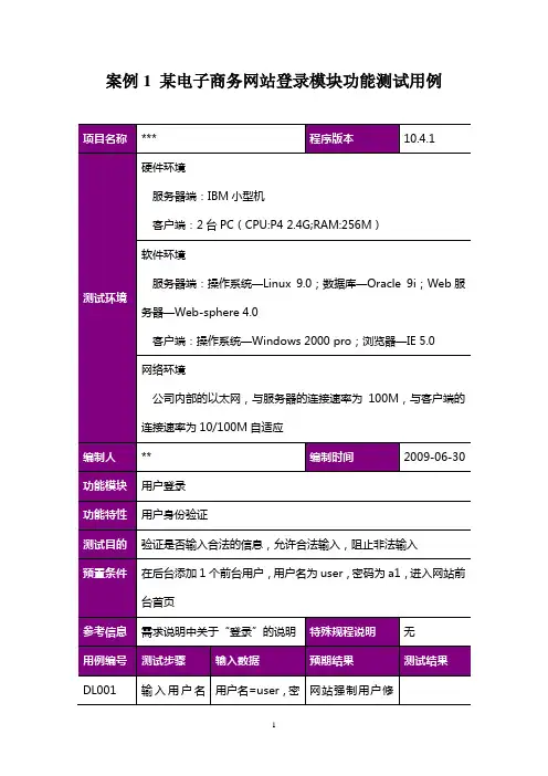 案例1 某电子商务网站登录模块功能测试用例