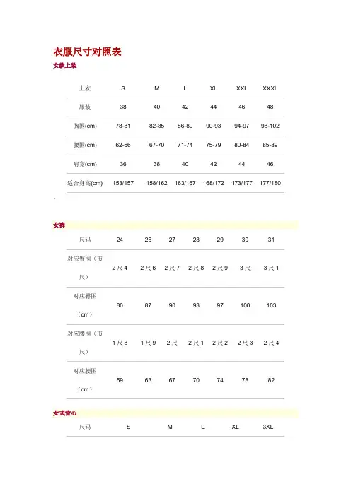 衣服尺寸对照表