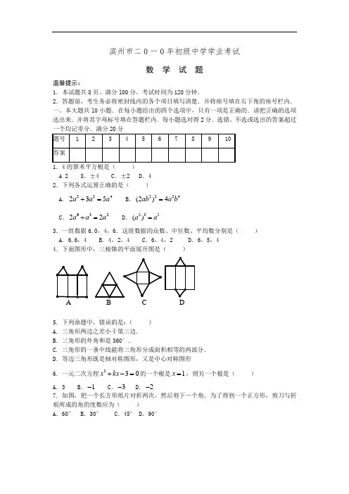 2010年山东滨州中考数学试题(word版及答案)