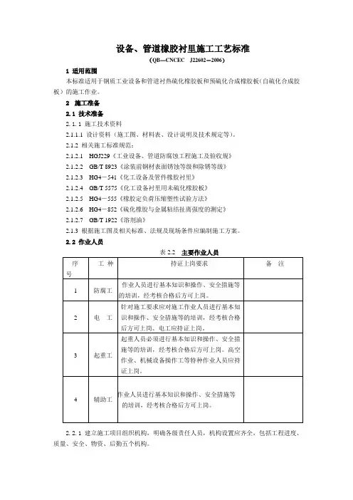 22602设备、管道橡胶衬里施工工艺标准