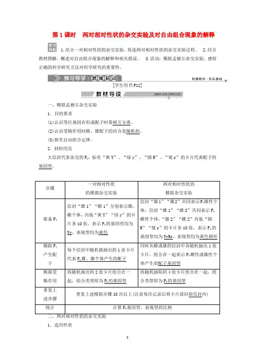 高中生物 第一章第二节第1课时 两对相对性状的杂交实验及对自由组合现象的解释学案 浙科版必修2