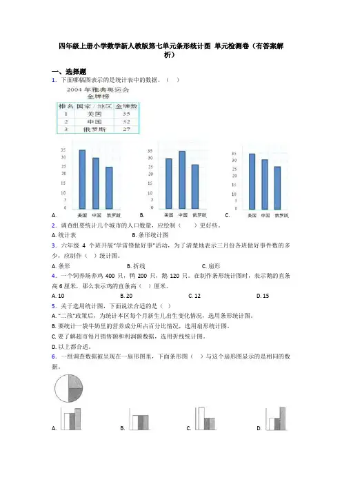 四年级上册小学数学新人教版第七单元条形统计图 单元检测卷(有答案解析)