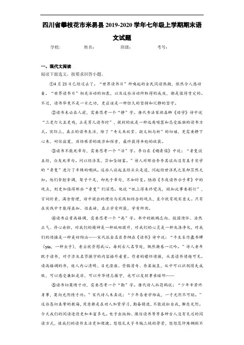 四川省攀枝花市米易县2019~2020学年七年级上学期期末语文试题(含答案解析)