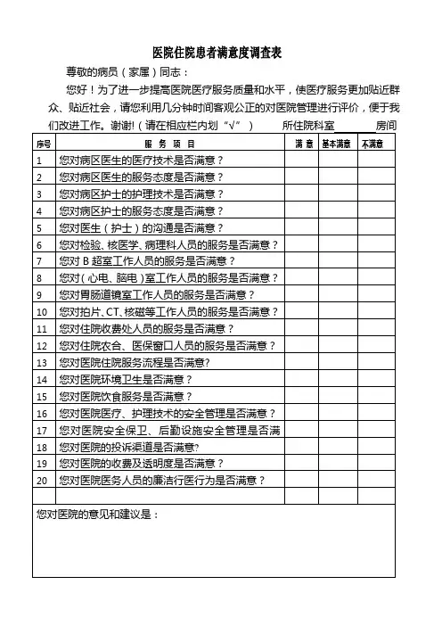 (完整word版)医院各类满意度调查表样表