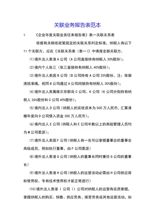 关联业务报告表范本
