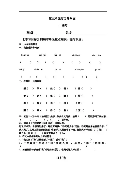 六年级下册语文导学案-第三单元复习-人教新课标