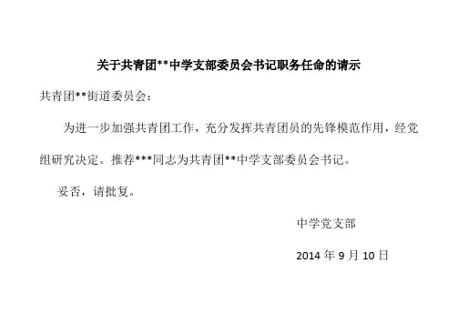 关于共青团中学支部委员会书记职务任命的请示