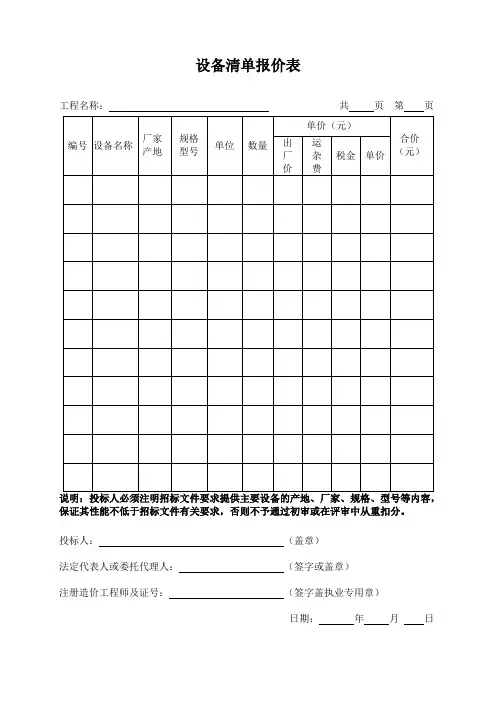 设备清单报价表