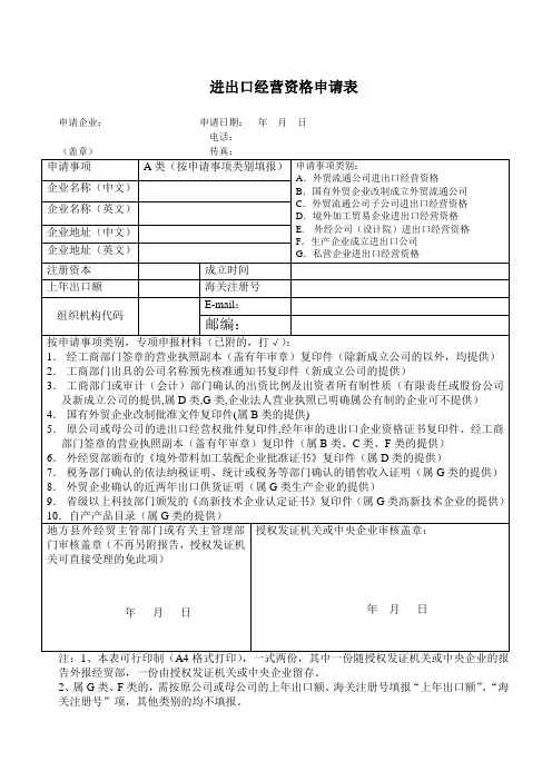进出口经营资格申请表