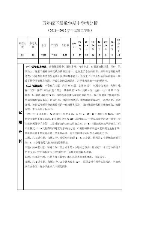 五年级下册数学期中考试试卷分析 3