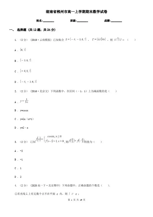 湖南省郴州市高一上学期期末数学试卷