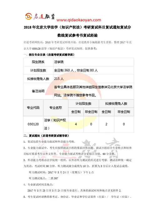 2018年北京大学法学(知识产权法)考研复试科目复试通知复试分数线复试参考书复试经验