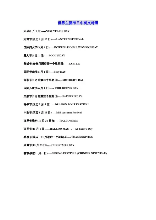 世界主要节日中英文对照