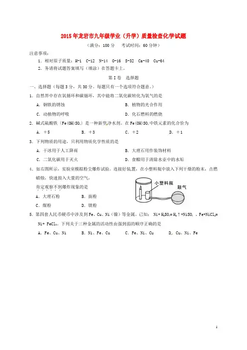 福建省龙岩市2015届九年级化学学业(升学)质量检查试题