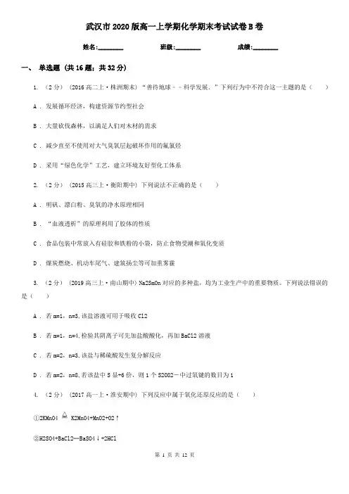 武汉市2020版高一上学期化学期末考试试卷B卷