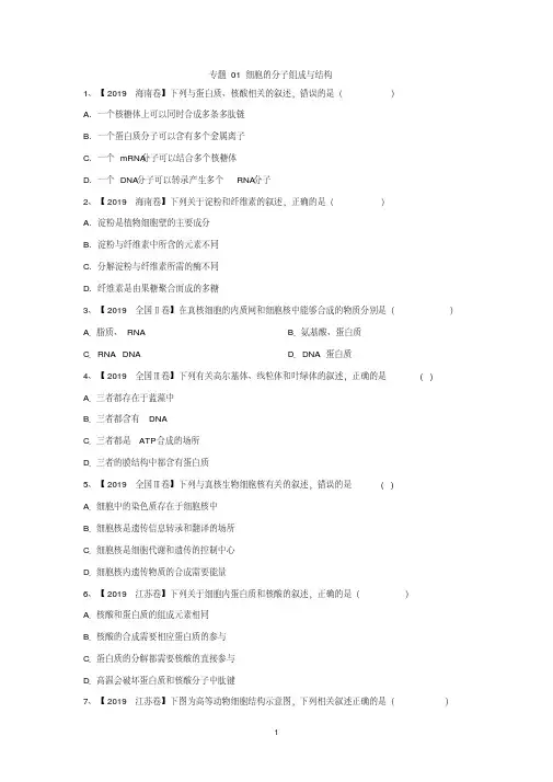 2019年高考生物真题模拟试题专项汇编：专题01细胞的分子组成与结构