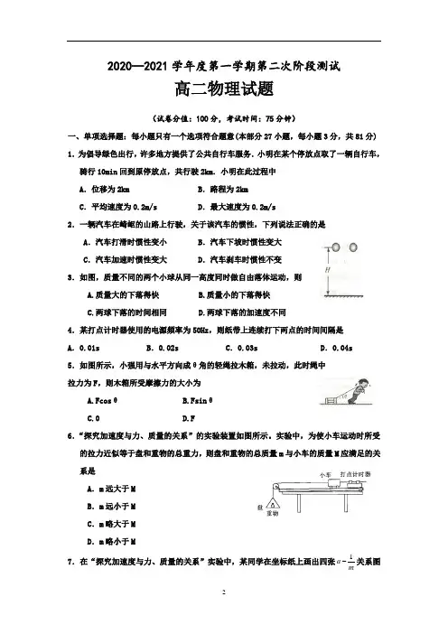 江苏省沭阳县、泗洪县2020-2021学年高二上学期第一次联考物理(必修)试题
