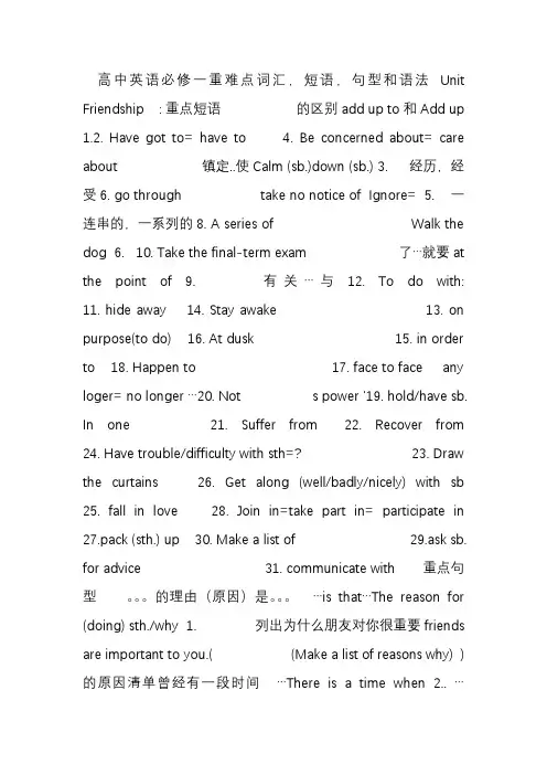 人教版高一英语必修一 重难点词汇短语句型总结