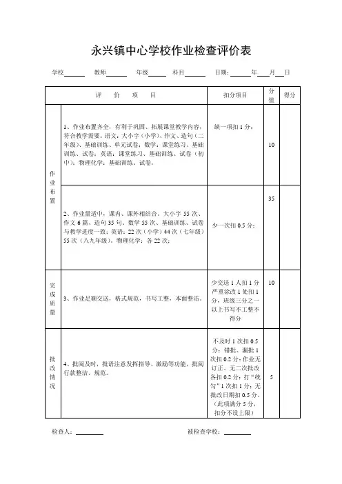 作业检查评价表