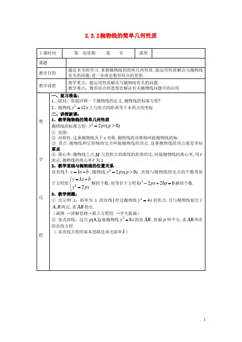 高中数学《2.3.2 抛物线的简单几何性质》教案 新人教A
