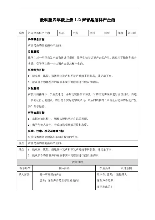 最新教科版四年级科学上册《声音是怎样产生的》教学设计